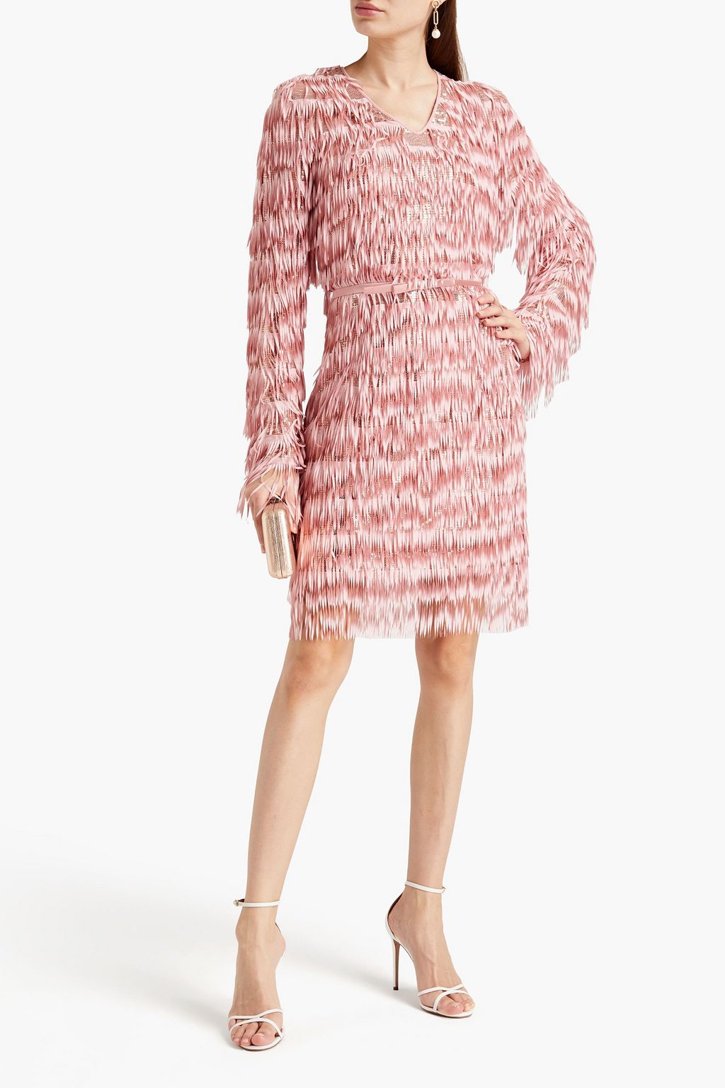 GIAMBA Belted fringed sequined tulle mini dress