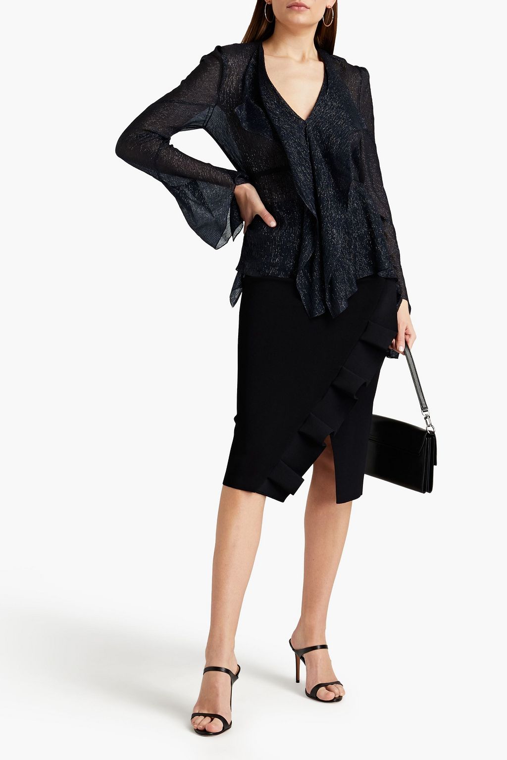 ROLAND MOURET Bernwood ruffle-trimmed ponte midi pencil skirt