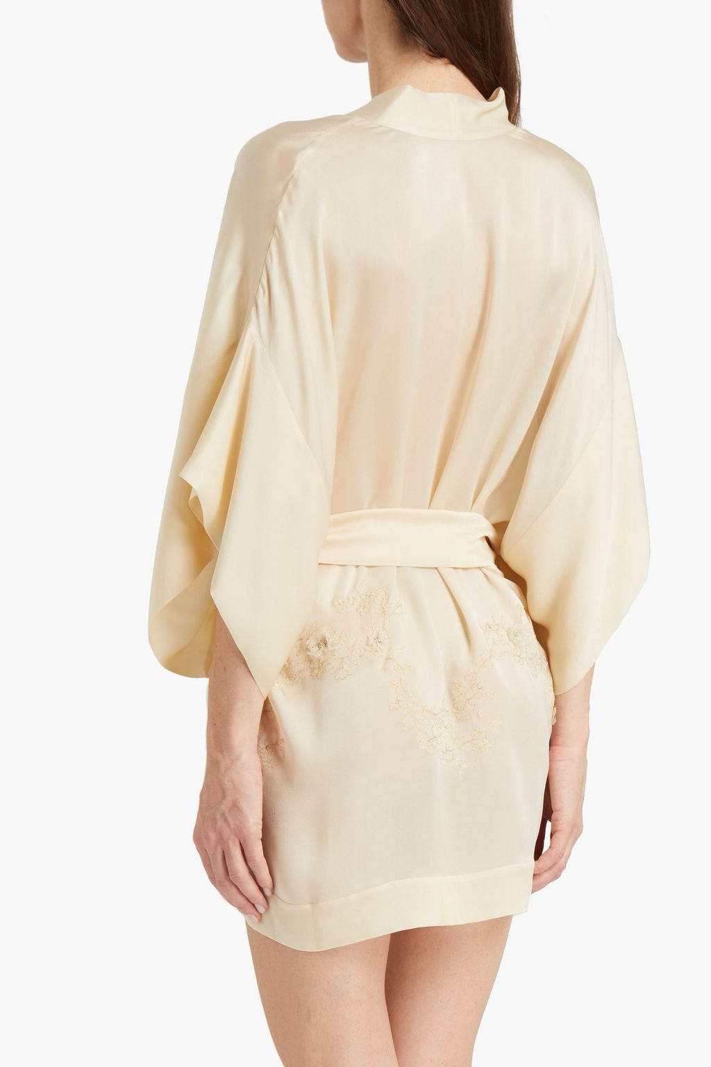 CARINE GILSON Belted lace-trimmed floral-appliquéd silk kimono