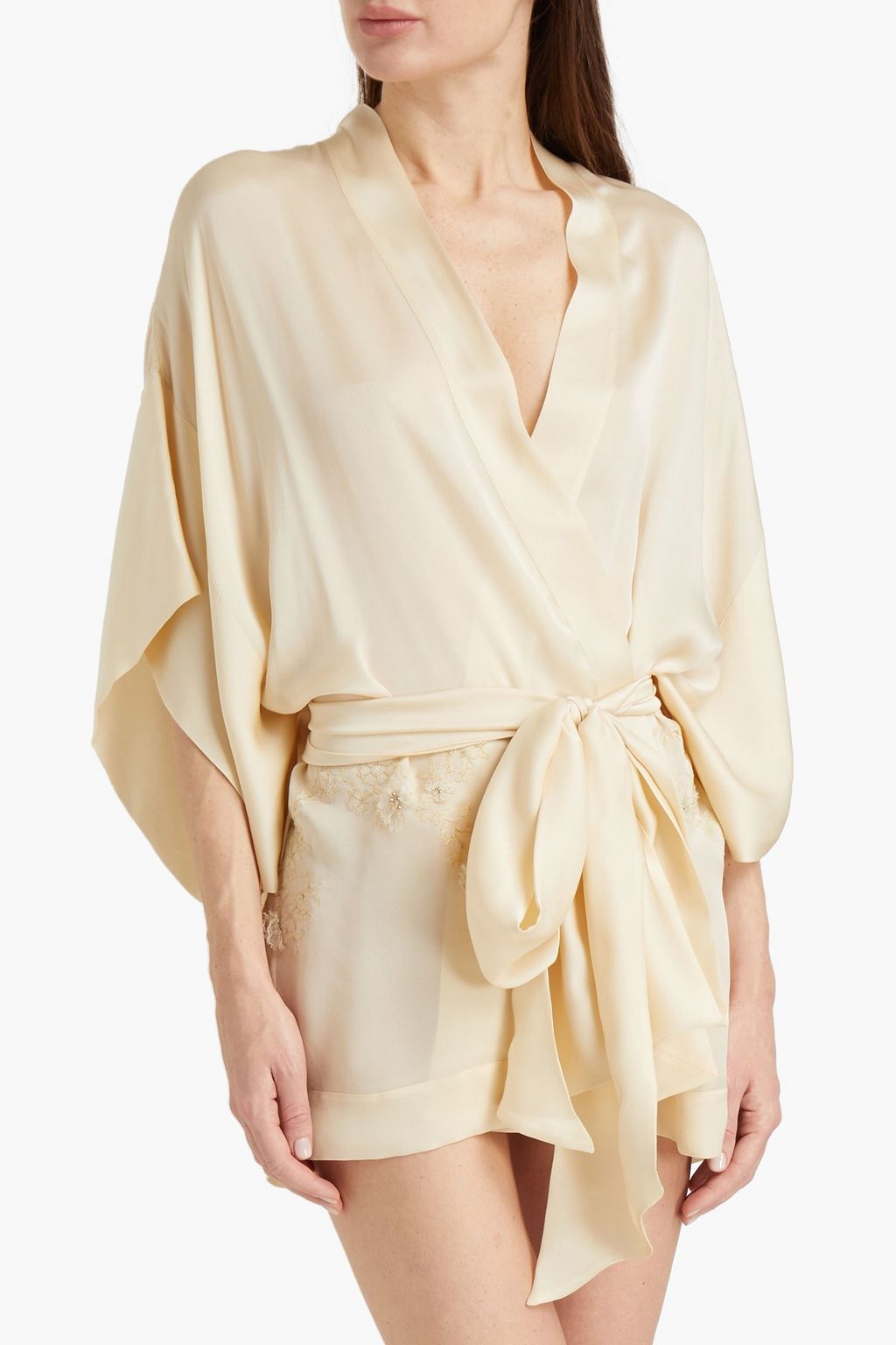 CARINE GILSON Belted lace-trimmed floral-appliquéd silk kimono
