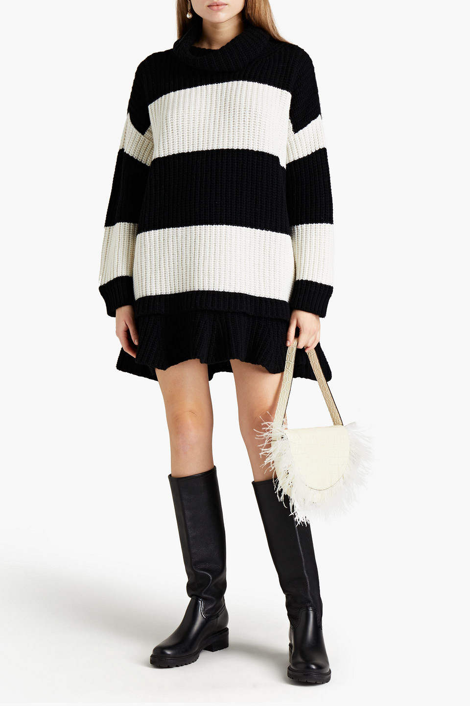 Valentino Striped Wool Turtleneck Mini Dress In Neutrals