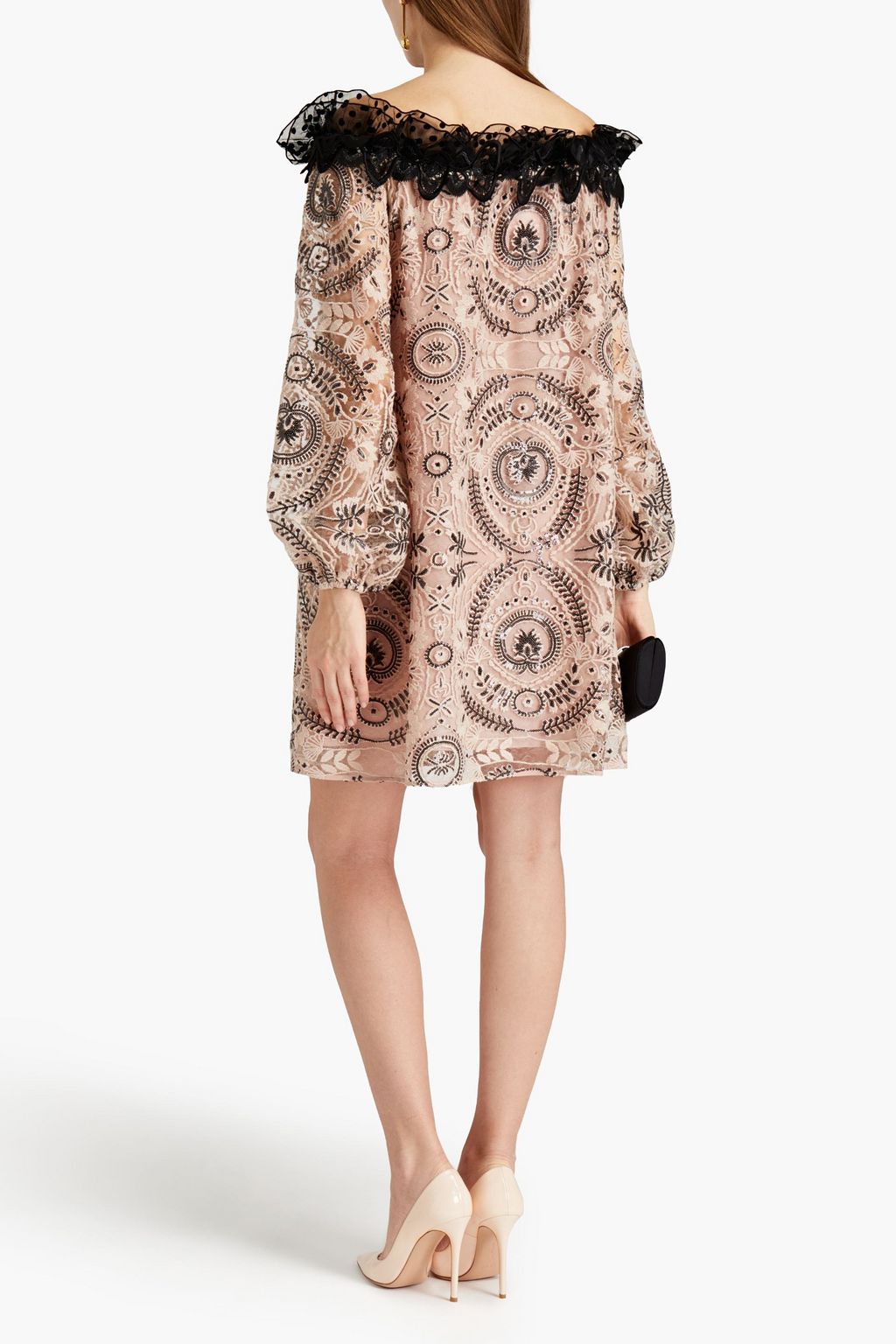 GIAMBA Macramé-trimmed embellished tulle mini dress