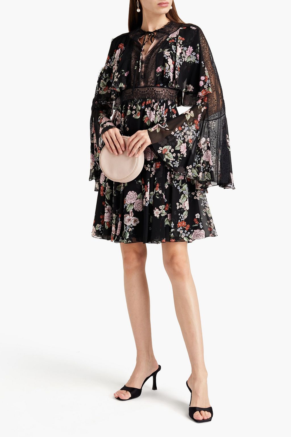 GIAMBATTISTA VALLI Cape-effect lace-trimmed floral-print silk-chiffon dress