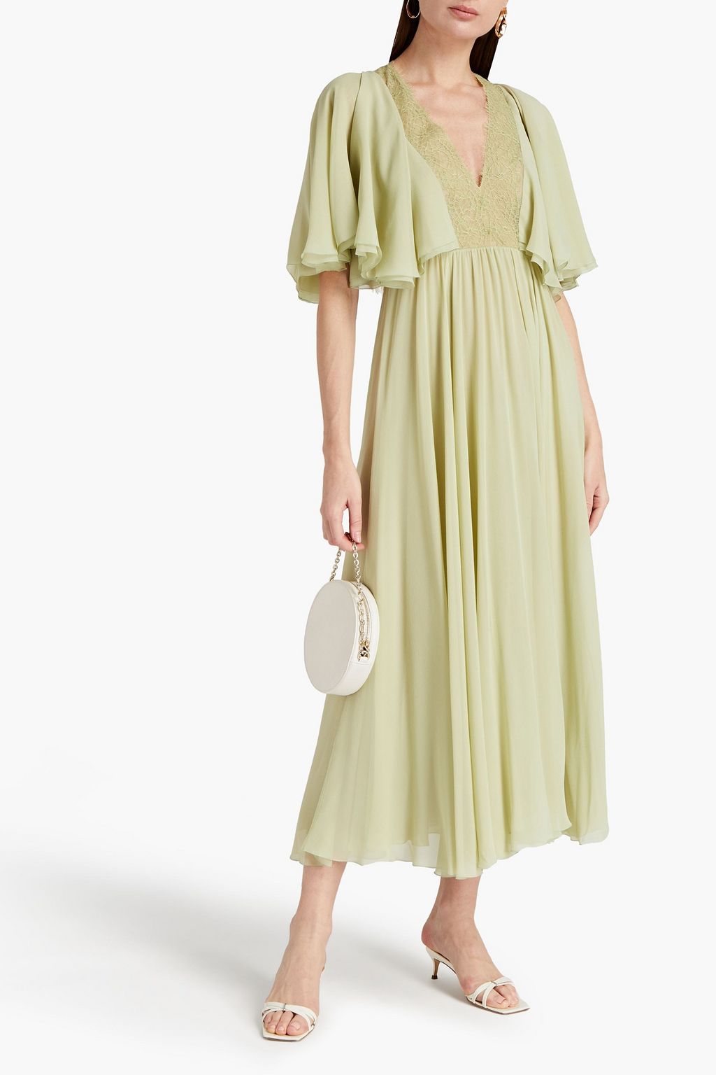 GIAMBATTISTA VALLI Gathered lace-trimmed silk-georgette midi dress