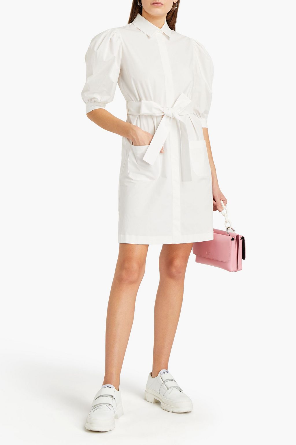BOUTIQUE MOSCHINO Belted cotton-blend poplin mini shirt dress
