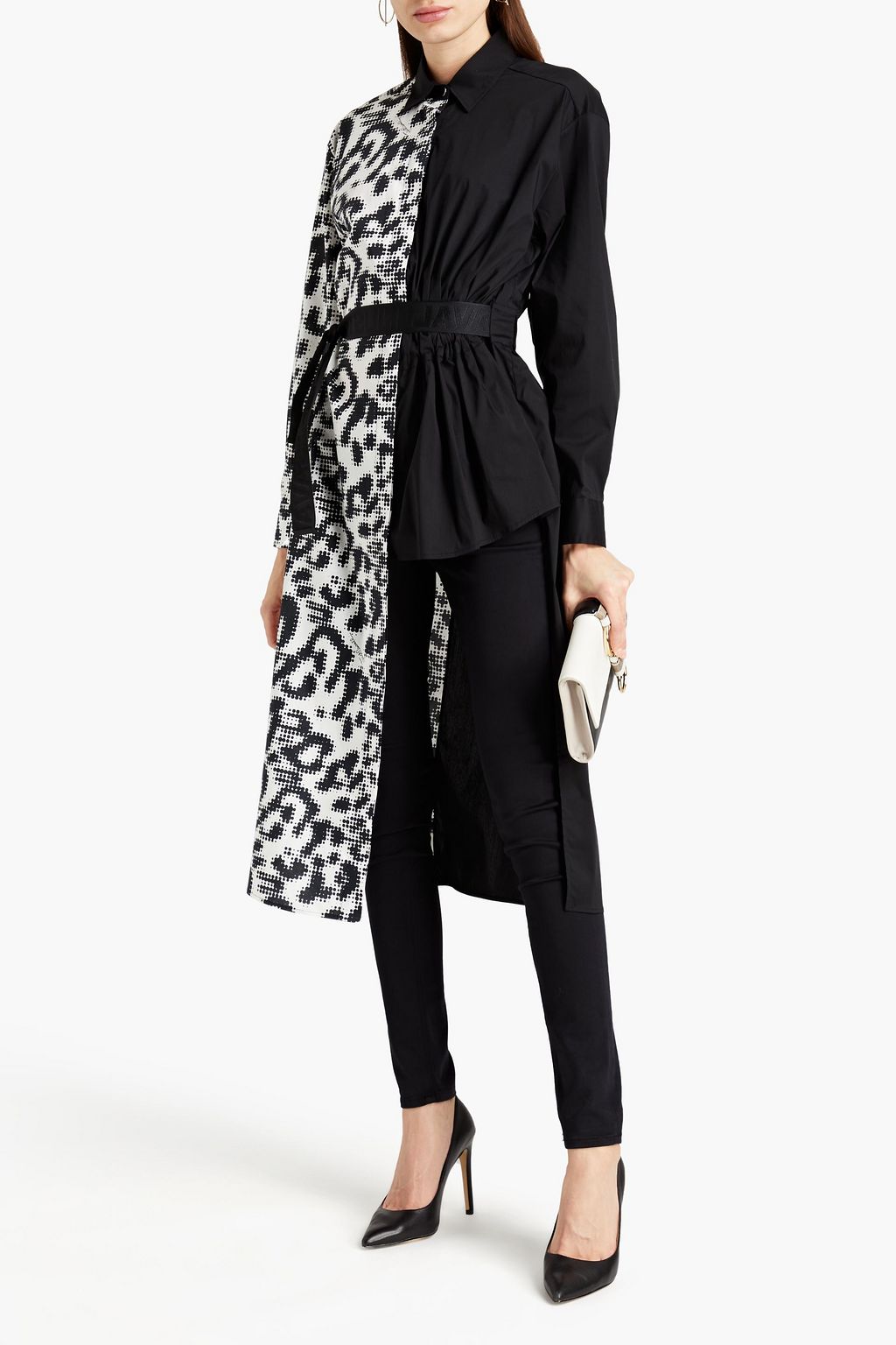 JUST CAVALLI Belted printed stretch-cotton poplin shirt