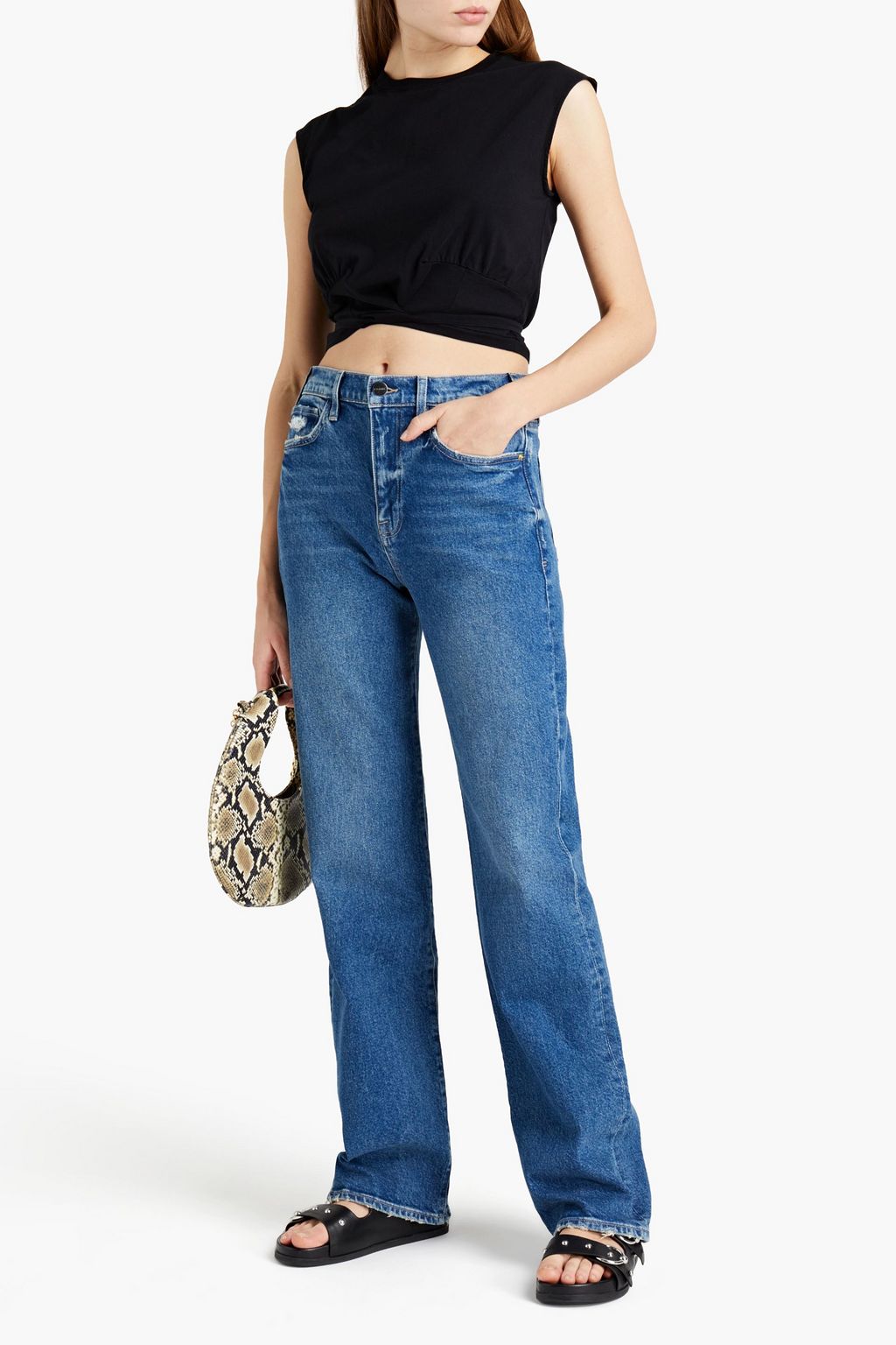 FRAME Cropped tie-front organic cotton-blend jersey tank
