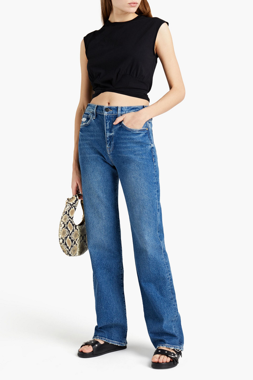Frame Cropped Tie-front Organic Cotton-blend Jersey Tank In Black