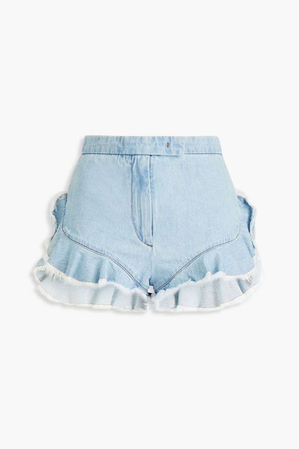 Light denim Ruffle-trimmed frayed denim 