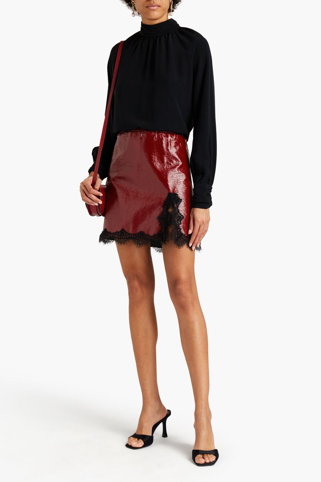 GIAMBA Lace-trimmed coated cotton-blend mini skirt