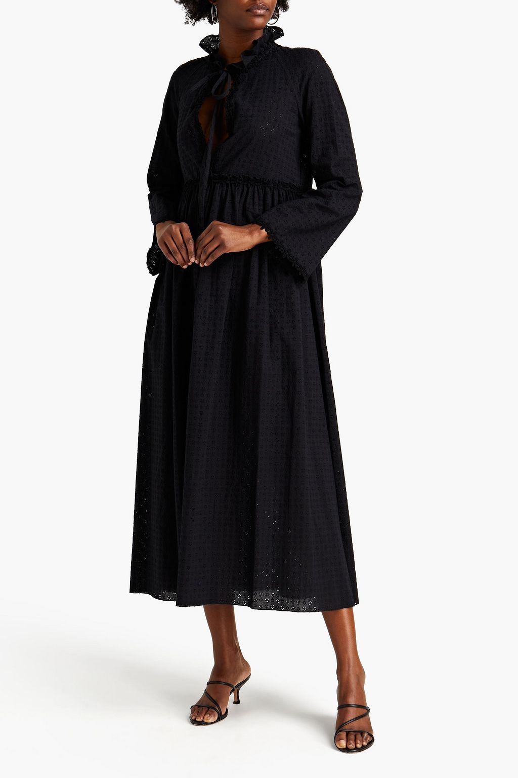 GIAMBA Gathered broderie anglaise cotton midi dress
