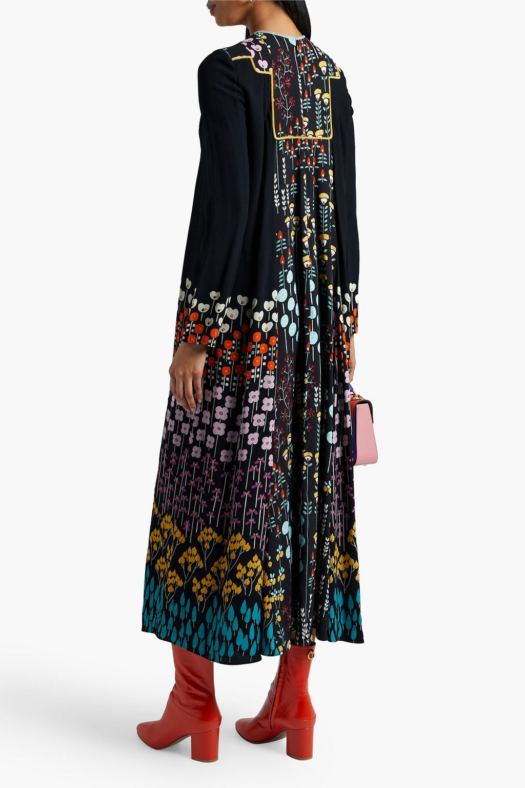VALENTINO GARAVANI Plissiertes Midikleid aus Crêpe mit Print, Samtbesatz und Schleife
