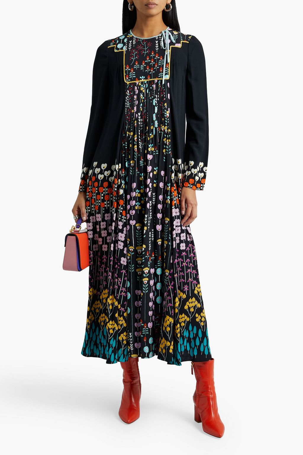VALENTINO GARAVANI Plissiertes Midikleid aus Crêpe mit Print, Samtbesatz und Schleife