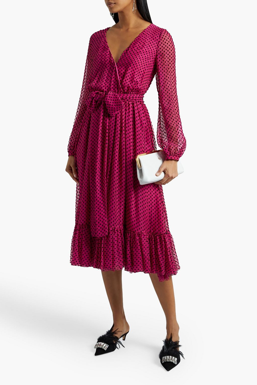 VALENTINO GARAVANI Wrap-effect gathered Swiss dot midi dress