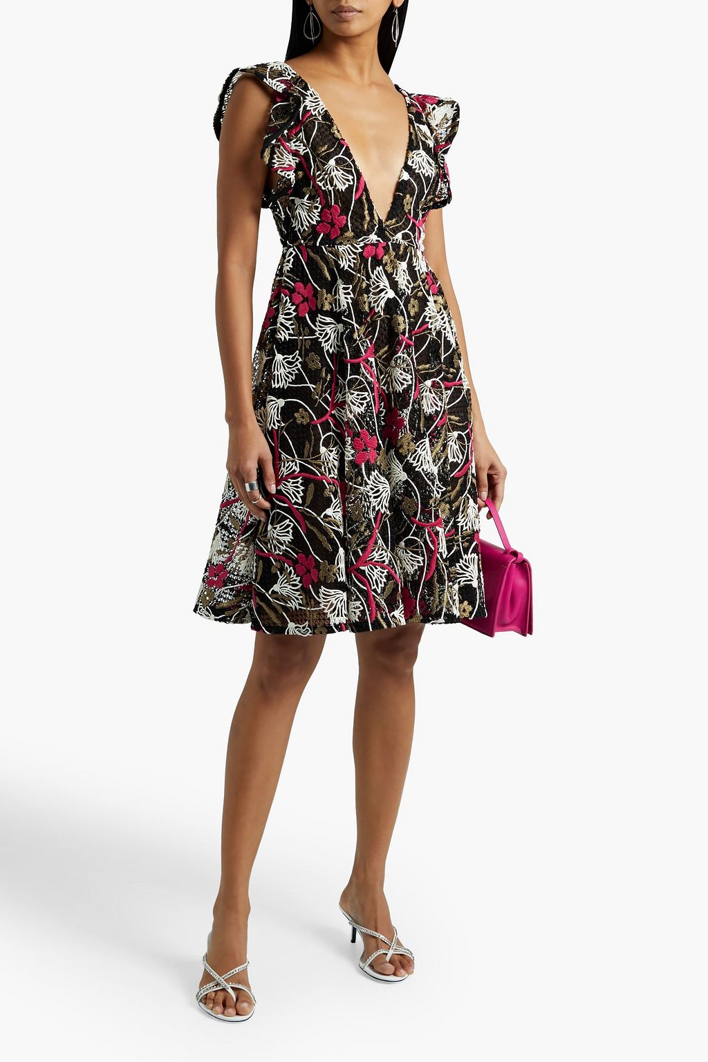 VALENTINO GARAVANI Metallic-trimmed cotton-blend guipure lace dress