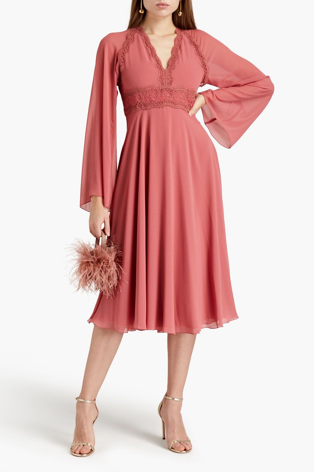 GIAMBA Lace-trimmed crepe de chine midi dress