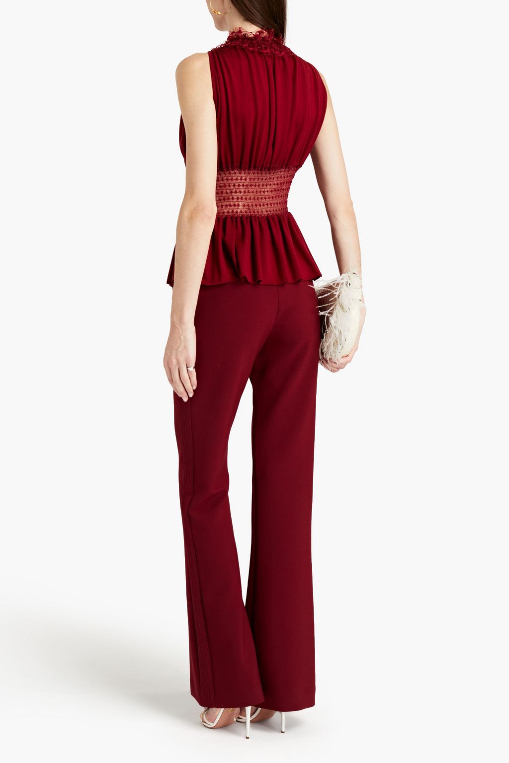 GIAMBATTISTA VALLI Swiss dot-paneled lace-trimmed gathered wool peplum top