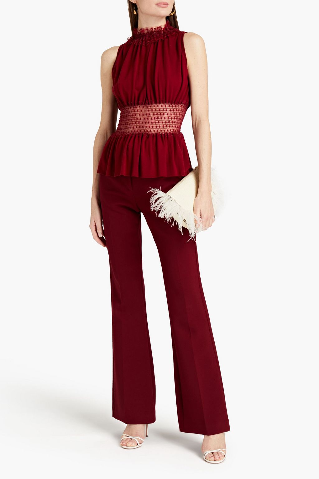 GIAMBATTISTA VALLI Swiss dot-paneled lace-trimmed gathered wool peplum top