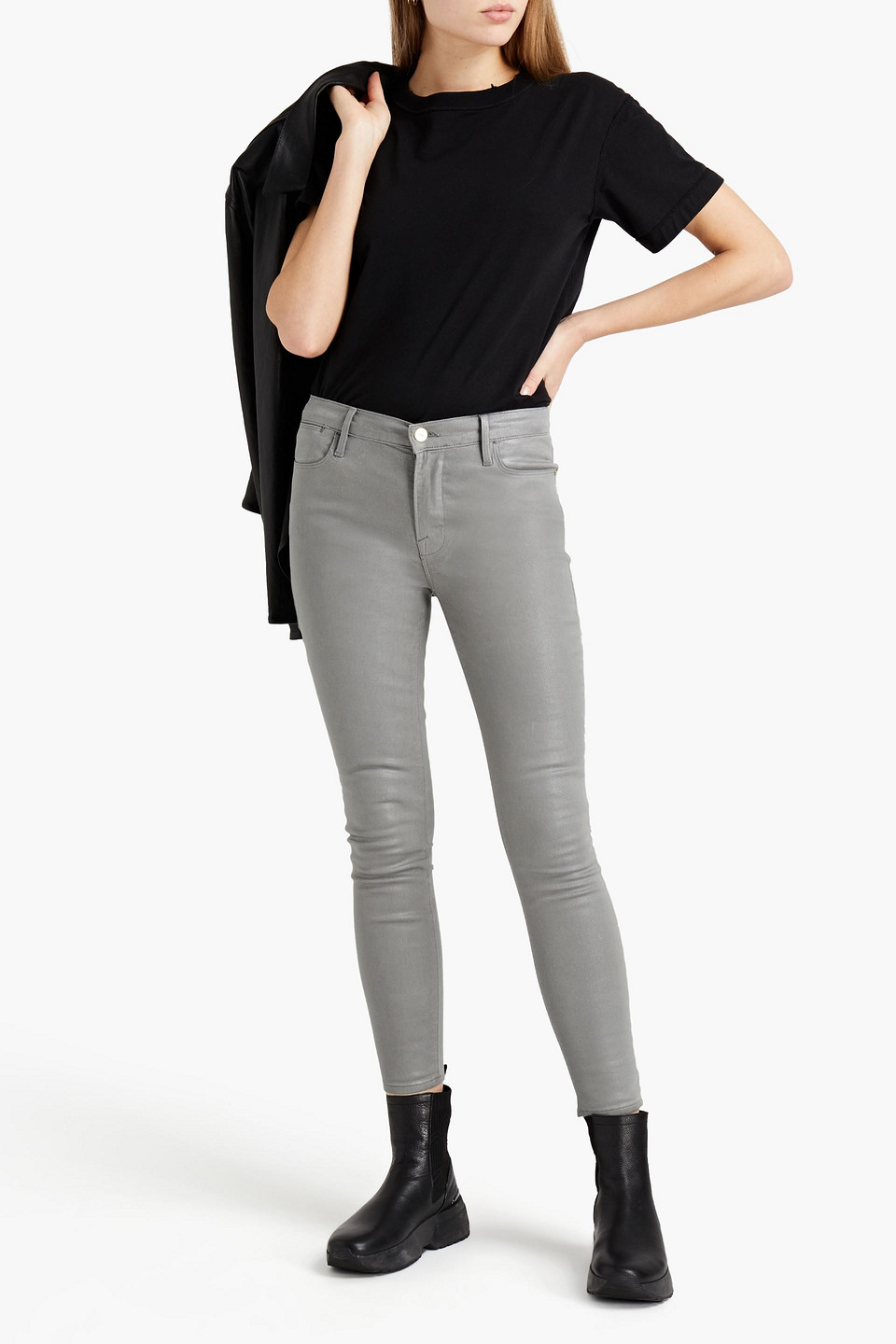 Frame Coated Mid-rise Skinny Jeans In Grey