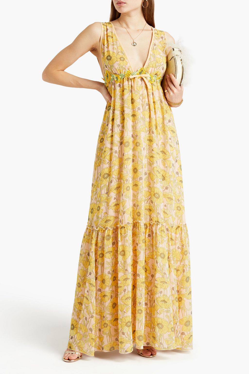 GIAMBA Embroidered gathered floral-print groergette maxi dress