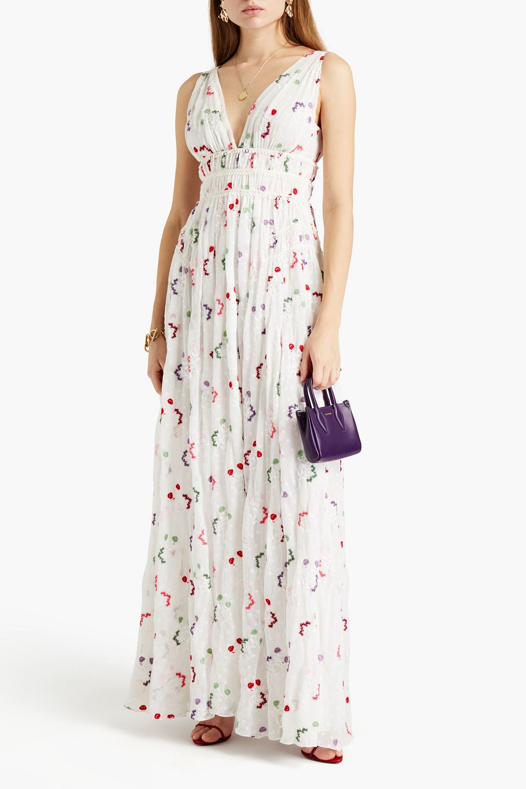 GIAMBA Embroidered gathered fil coupé maxi dress