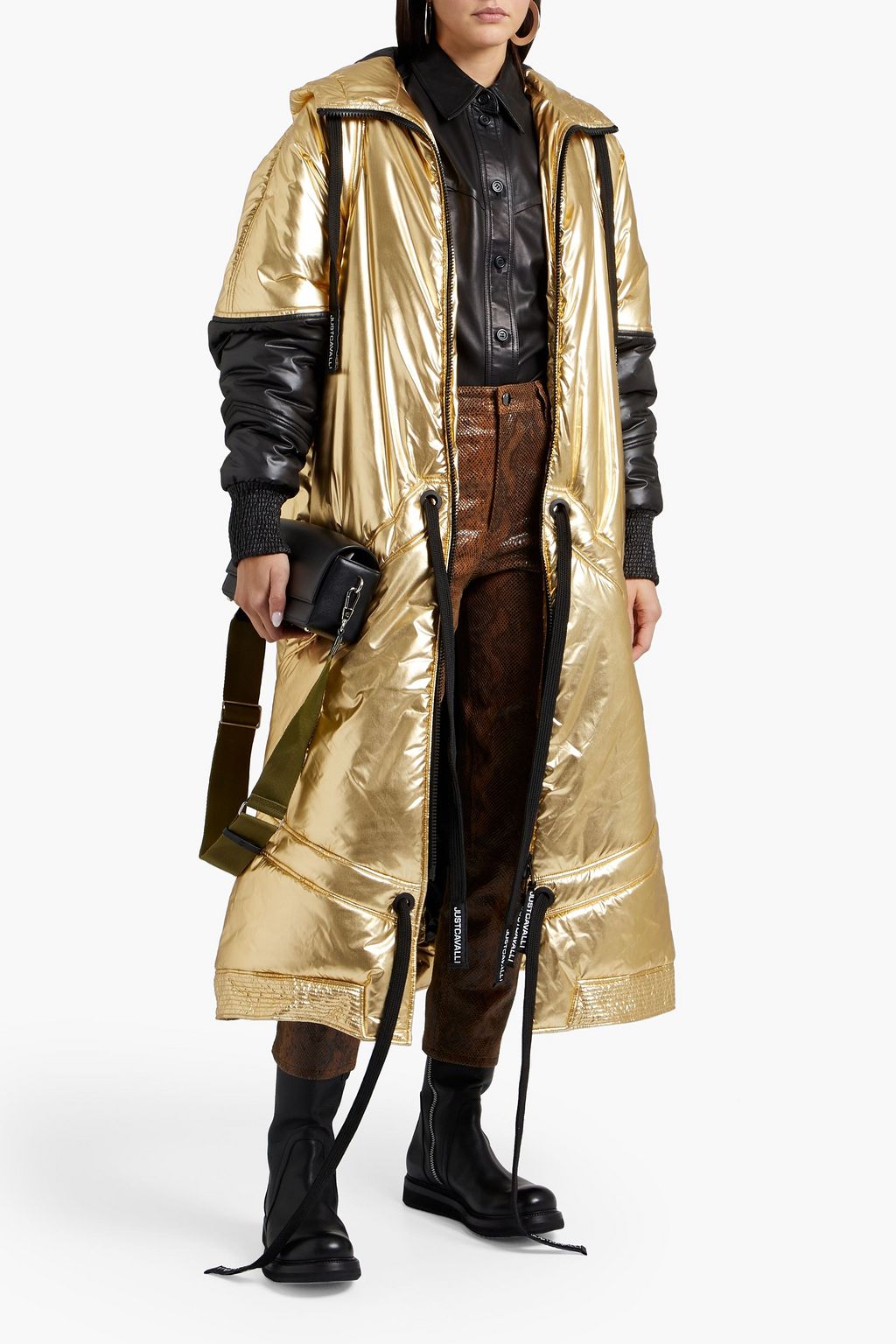JUST CAVALLI Metallic quilted shell hooded down coat