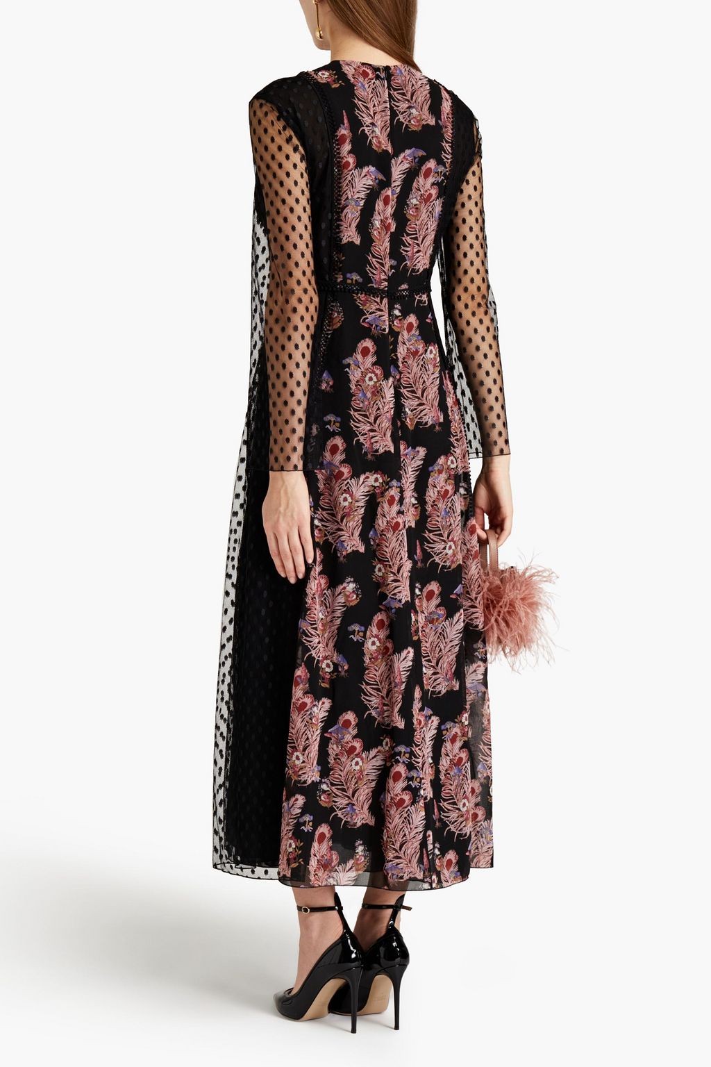 GIAMBA Paneled macramé-trimmed embroidered tulle and floral-print chiffon midi dress