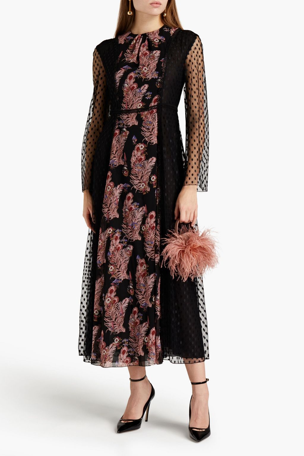 GIAMBA Paneled macramé-trimmed embroidered tulle and floral-print chiffon midi dress