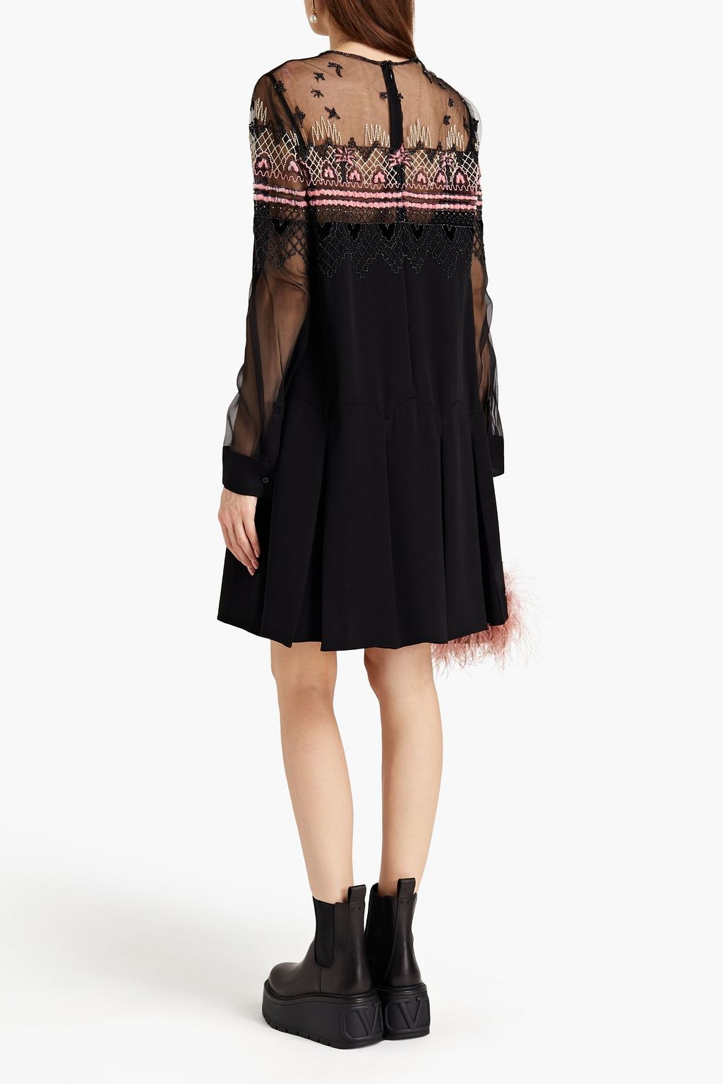 VALENTINO GARAVANI Verziertes Minikleid aus Seiden-Crêpe mit Voile-Einsätzen