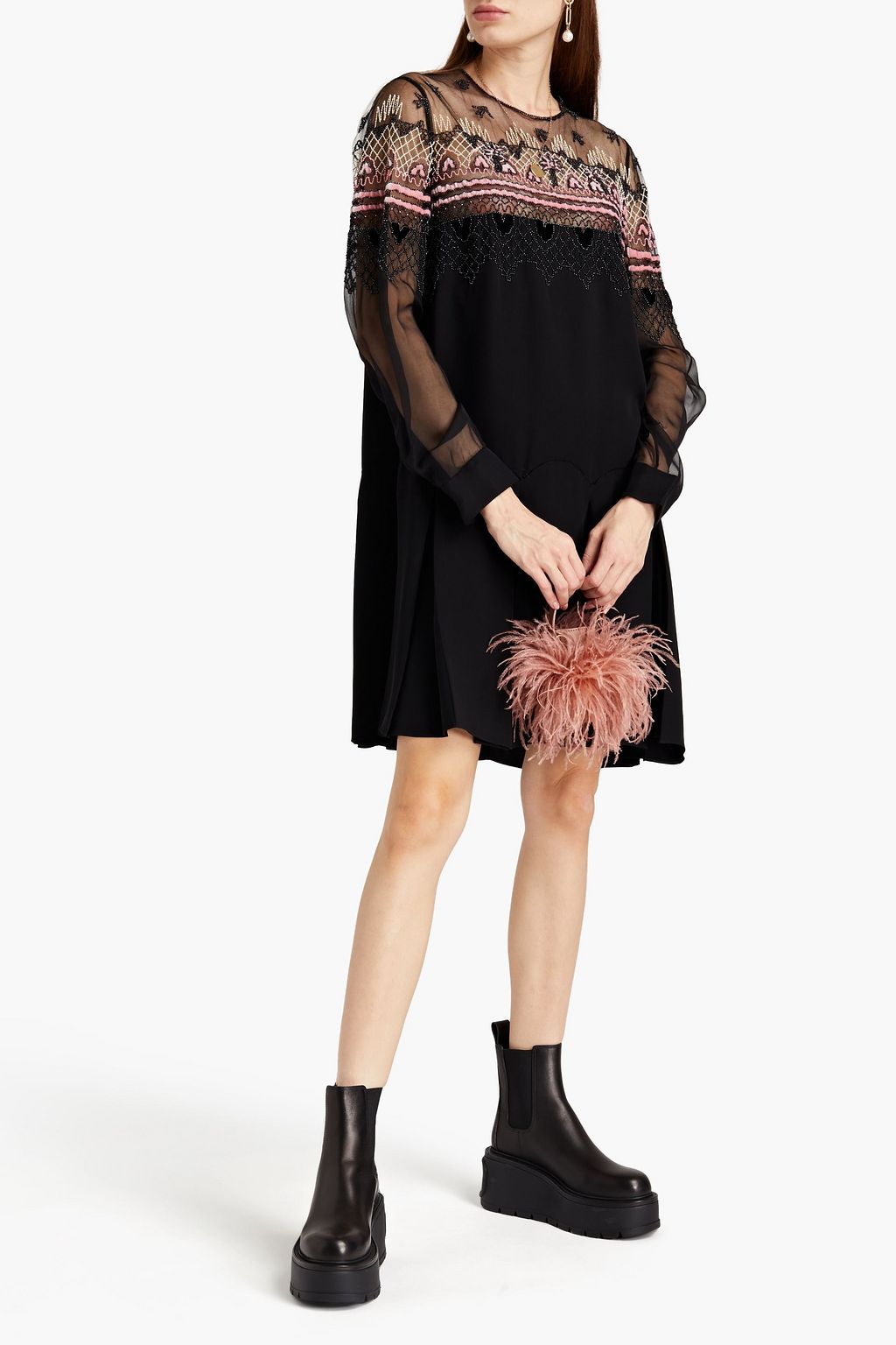 VALENTINO GARAVANI Verziertes Minikleid aus Seiden-Crêpe mit Voile-Einsätzen