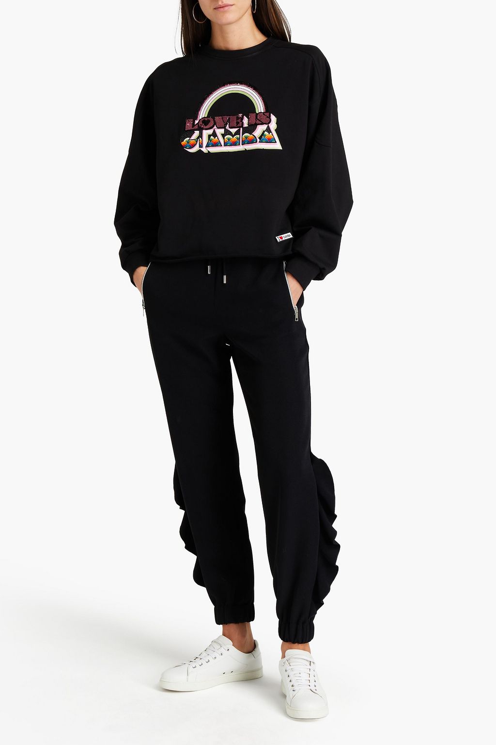 GIAMBA Ruffle-trimmed stretch-crepe track pants