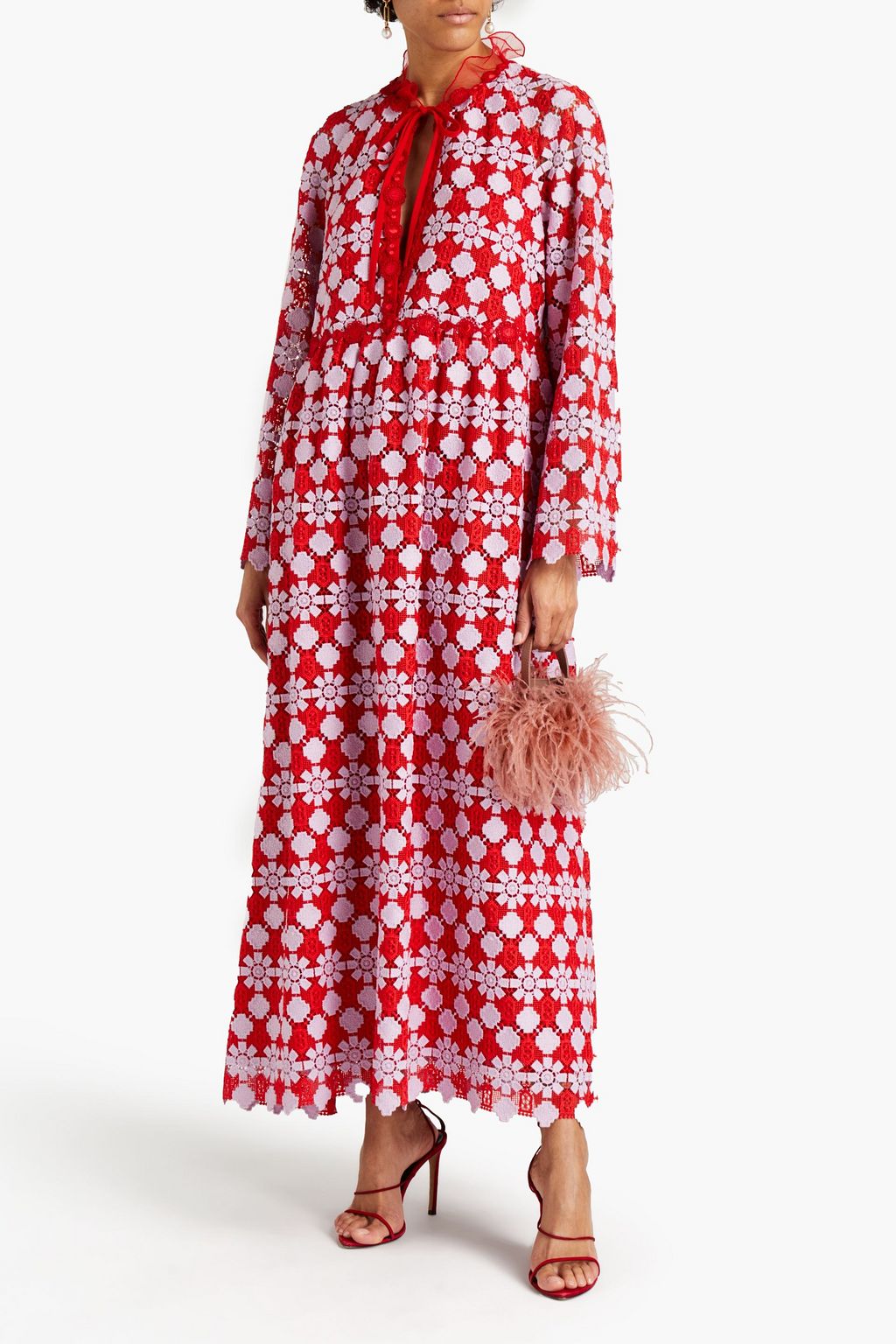 GIAMBA Ruffle-trimmed macramé maxi dress