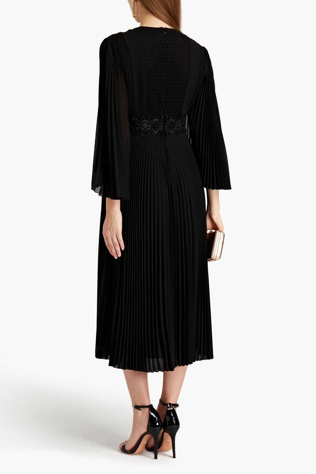 GIAMBA Pleated macramé-paneled georgette midi dress