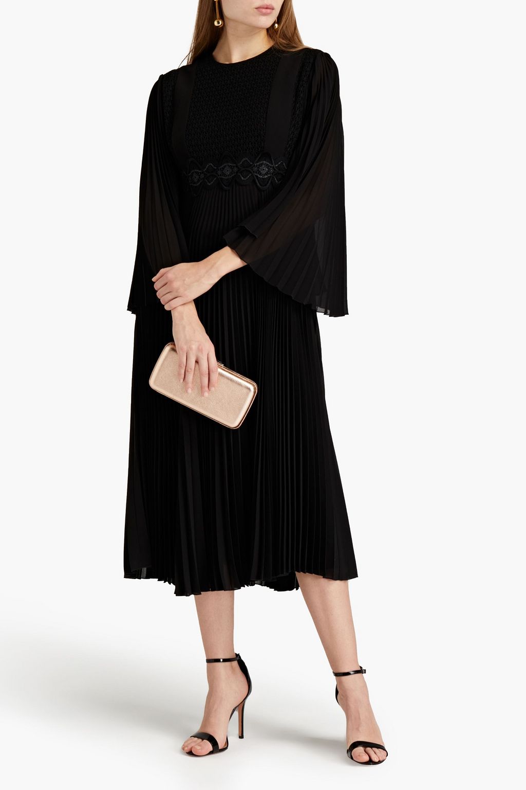 GIAMBA Pleated macramé-paneled georgette midi dress
