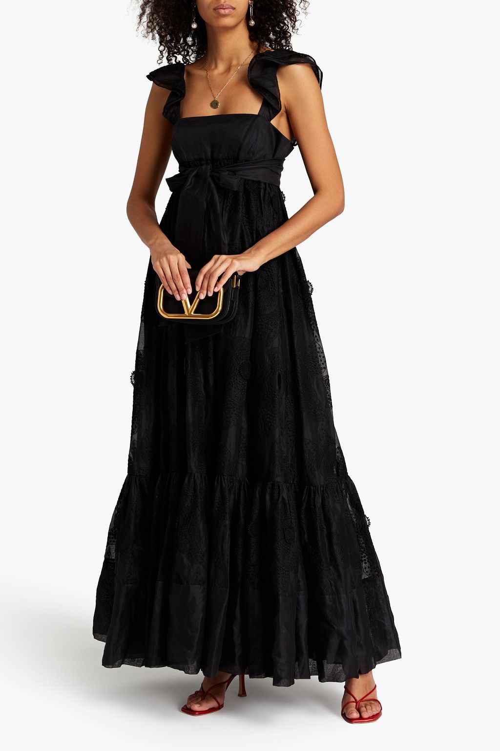 VALENTINO GARAVANI Tie-front embroidered cotton-blend organza maxi dress