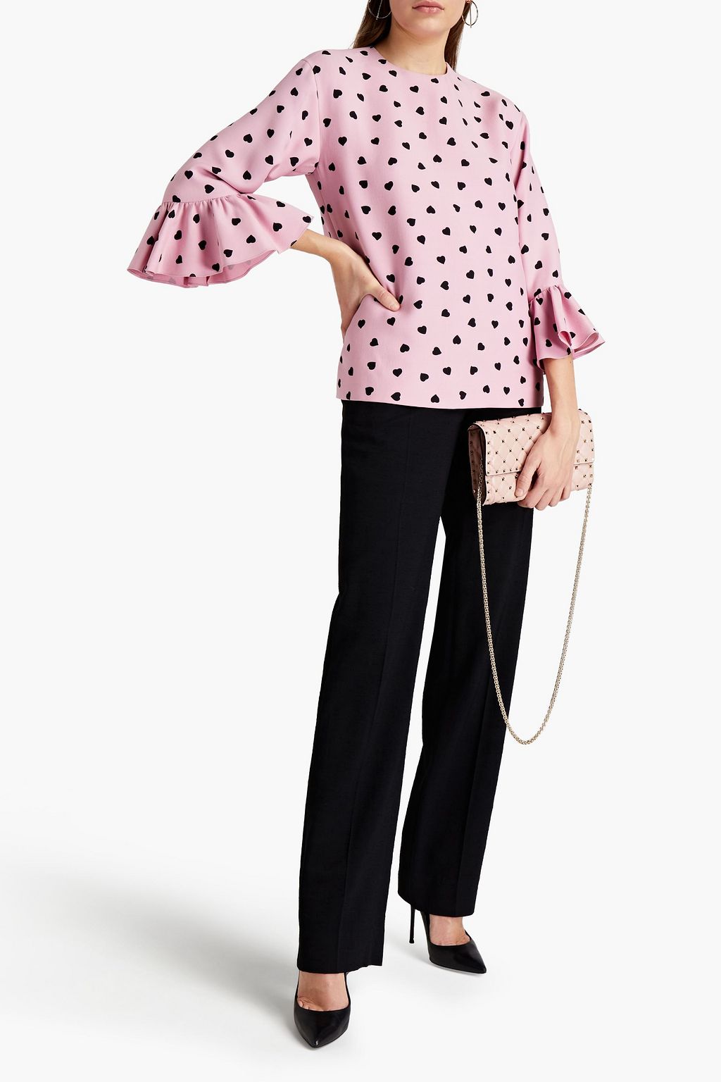 VALENTINO GARAVANI Ruffled printed wool and silk-blend crepe top