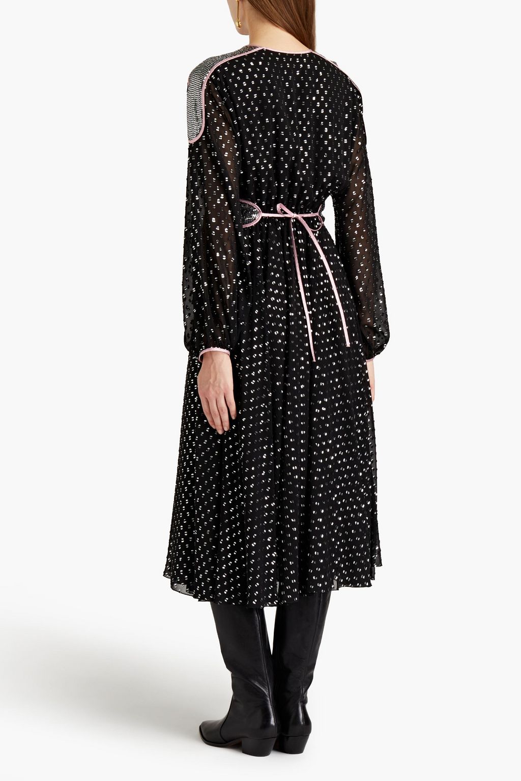 GIAMBA Belted embellished fil coupé chiffon midi dress