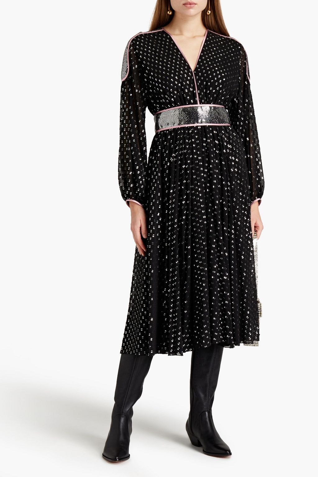 GIAMBA Belted embellished fil coupé chiffon midi dress