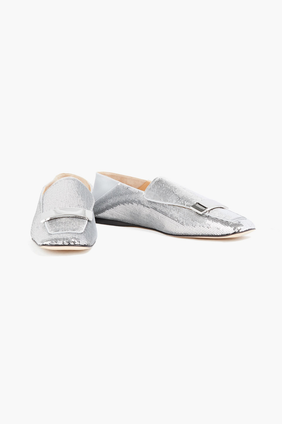 Sergio Rossi Embellished Satin Collapsible-heel Loafers In Silver