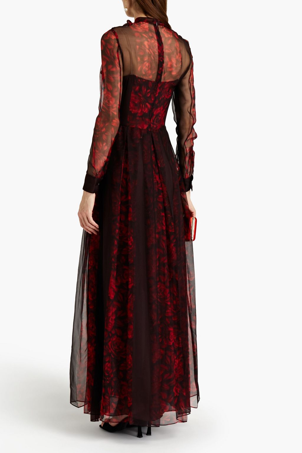 VALENTINO GARAVANI Pussy-bow cutout pleated floral-print silk-voile gown