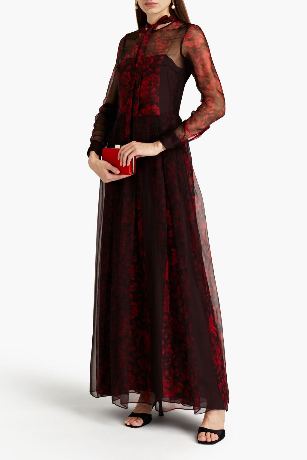VALENTINO GARAVANI Pussy-bow cutout pleated floral-print silk-voile gown
