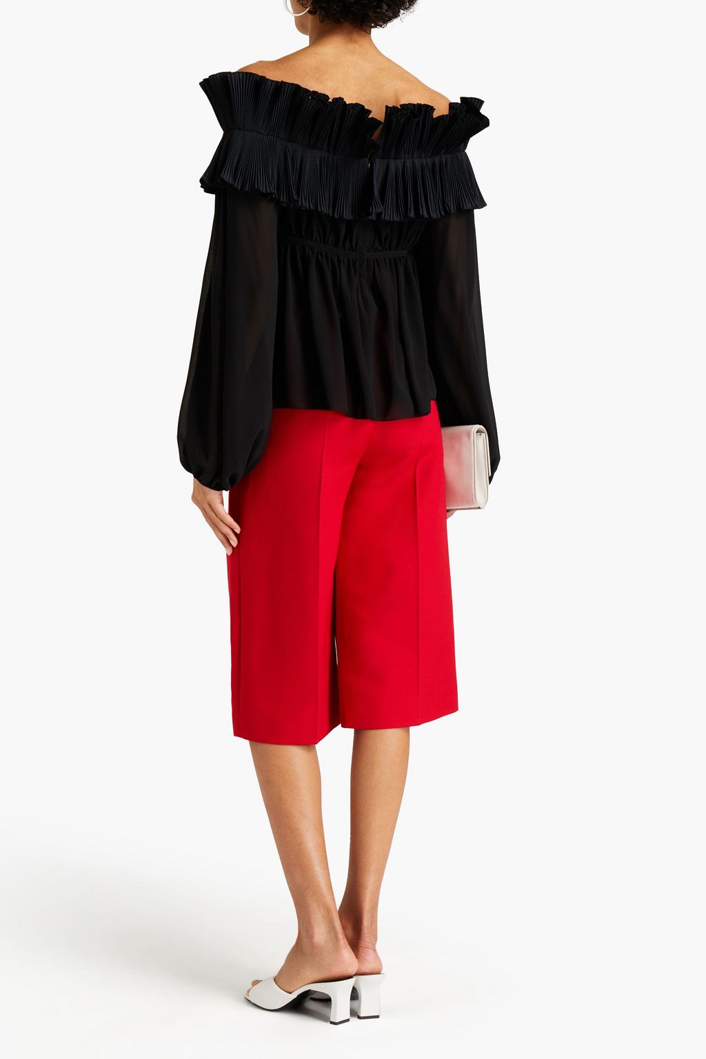 GIAMBA Off-the-shoulder plissé-georgette and poplin top
