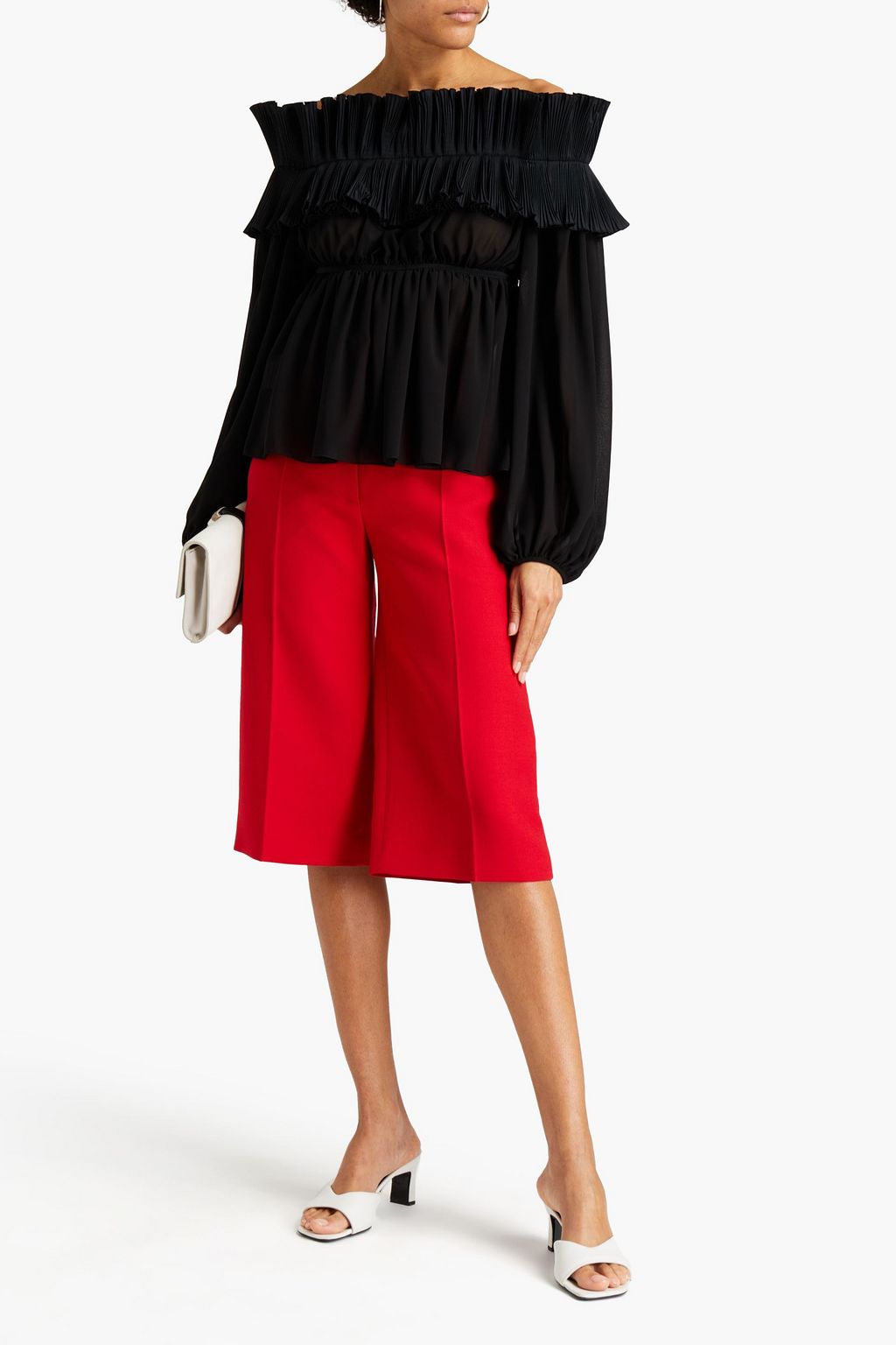 GIAMBA Off-the-shoulder plissé-georgette and poplin top