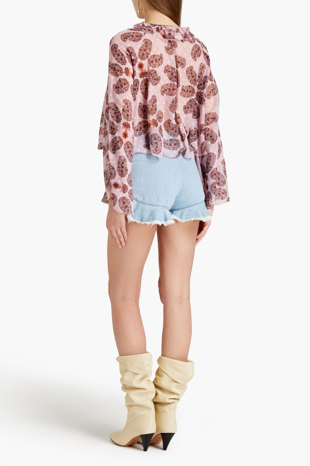 GIAMBA Ruffle-trimmed floral-print fil coupé chiffon blouse