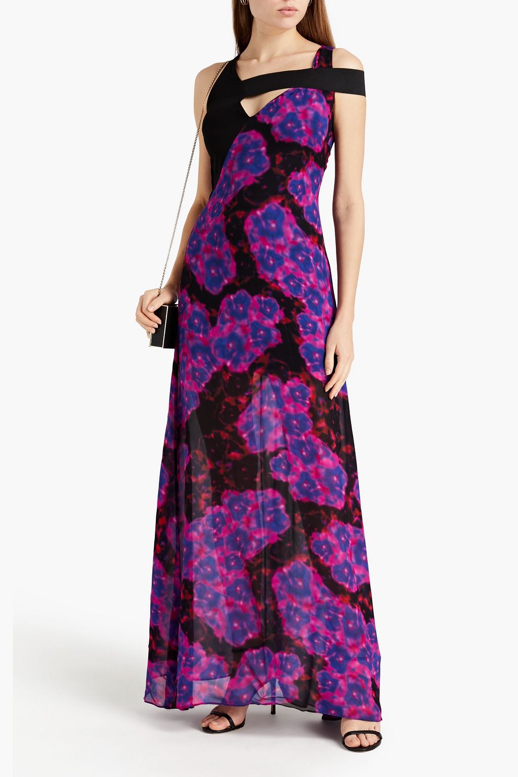 JUST CAVALLI Cady-paneled cutout printed georgette maxi dress