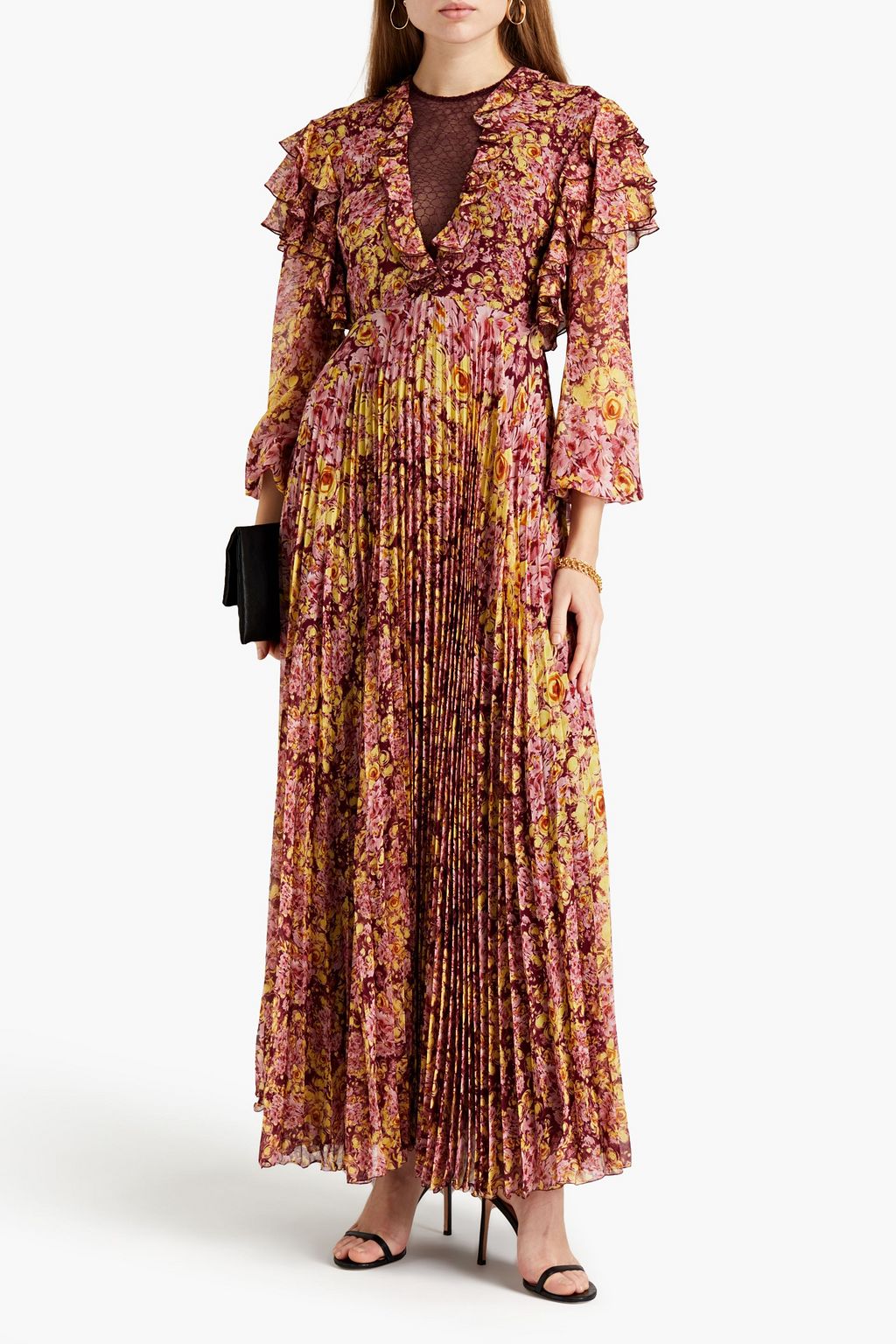 GIAMBATTISTA VALLI Ruffled pleated floral-print silk crepe de chine maxi dress