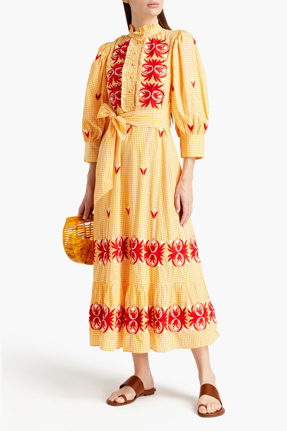 Antik Batik Patty Belted Ruffle-trimmed Embroidered Gingham Cotton Midi Dress In Yellow