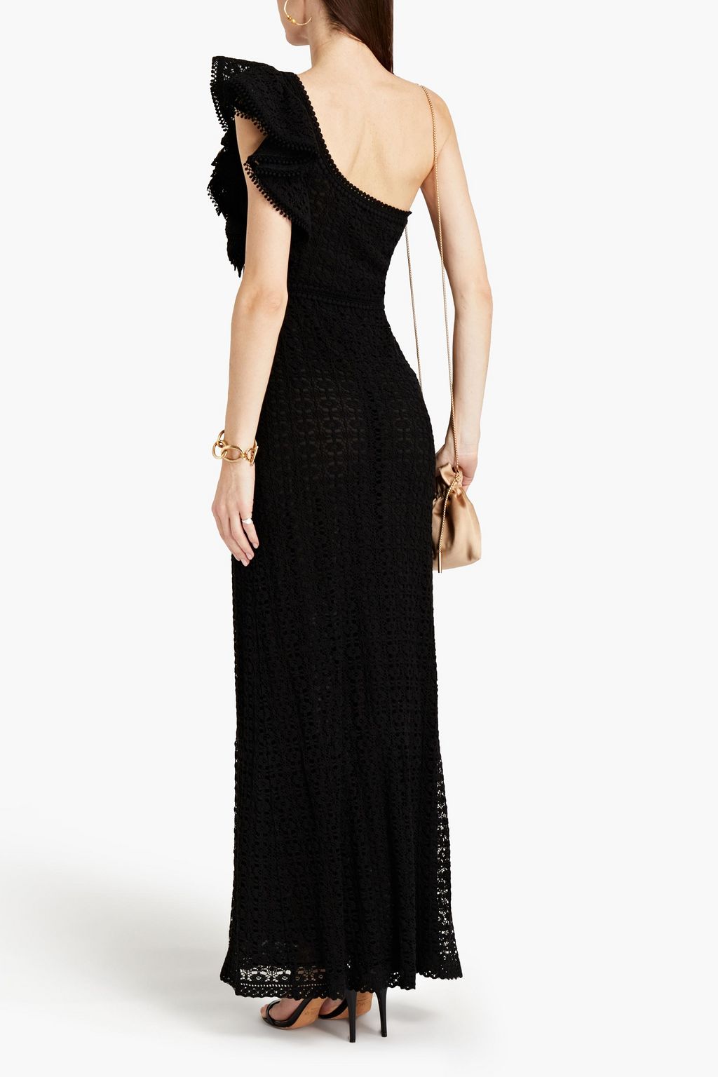 GIAMBA One-shoulder ruffle-trimmed cotton-blend crocheted lace maxi dress
