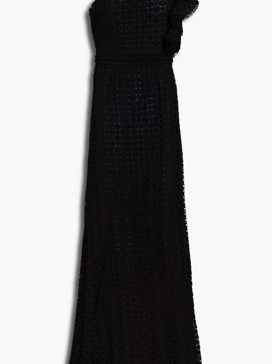 one-shoulder ruffle-trimmed cotton-blend crocheted lace maxi dress