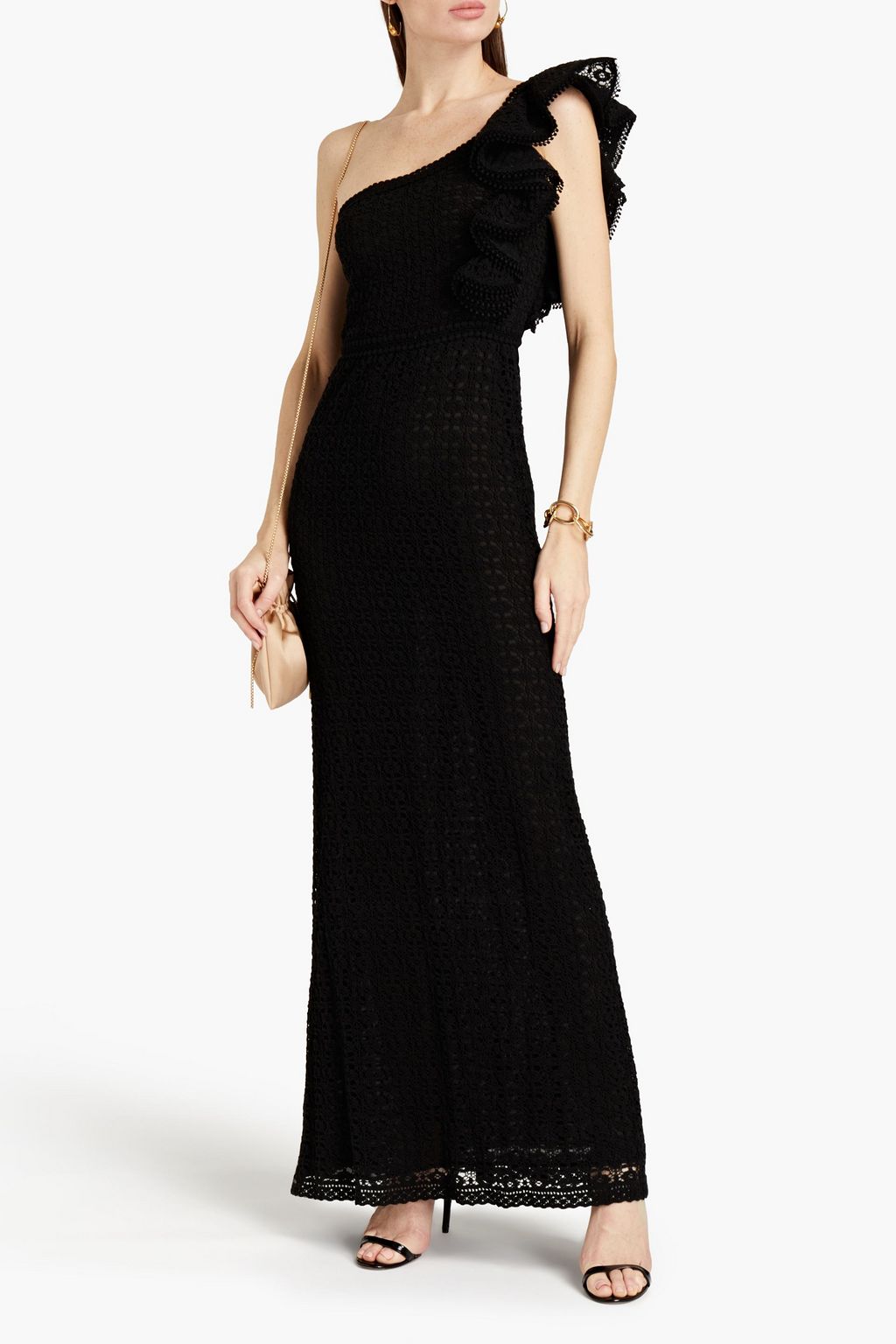 GIAMBA One-shoulder ruffle-trimmed cotton-blend crocheted lace maxi dress
